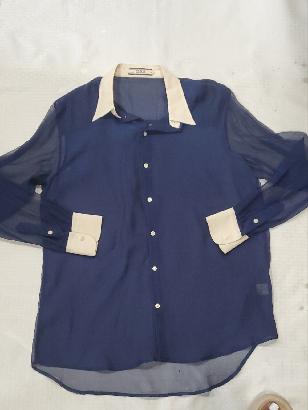 Thomas Pink Navy Sheer Dress Shirt with White Contrast Collar - Picture 13 of 17